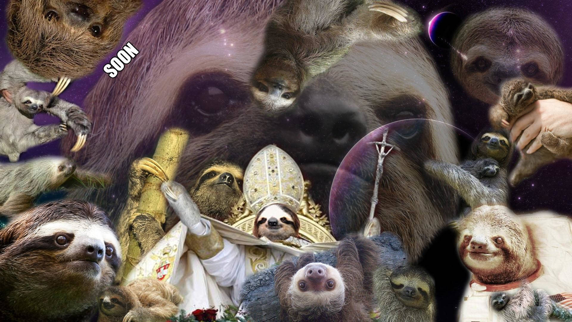 sloths, surreal cosmic collage, starry purple space backdrop, Full HD Desktop Wallpaper