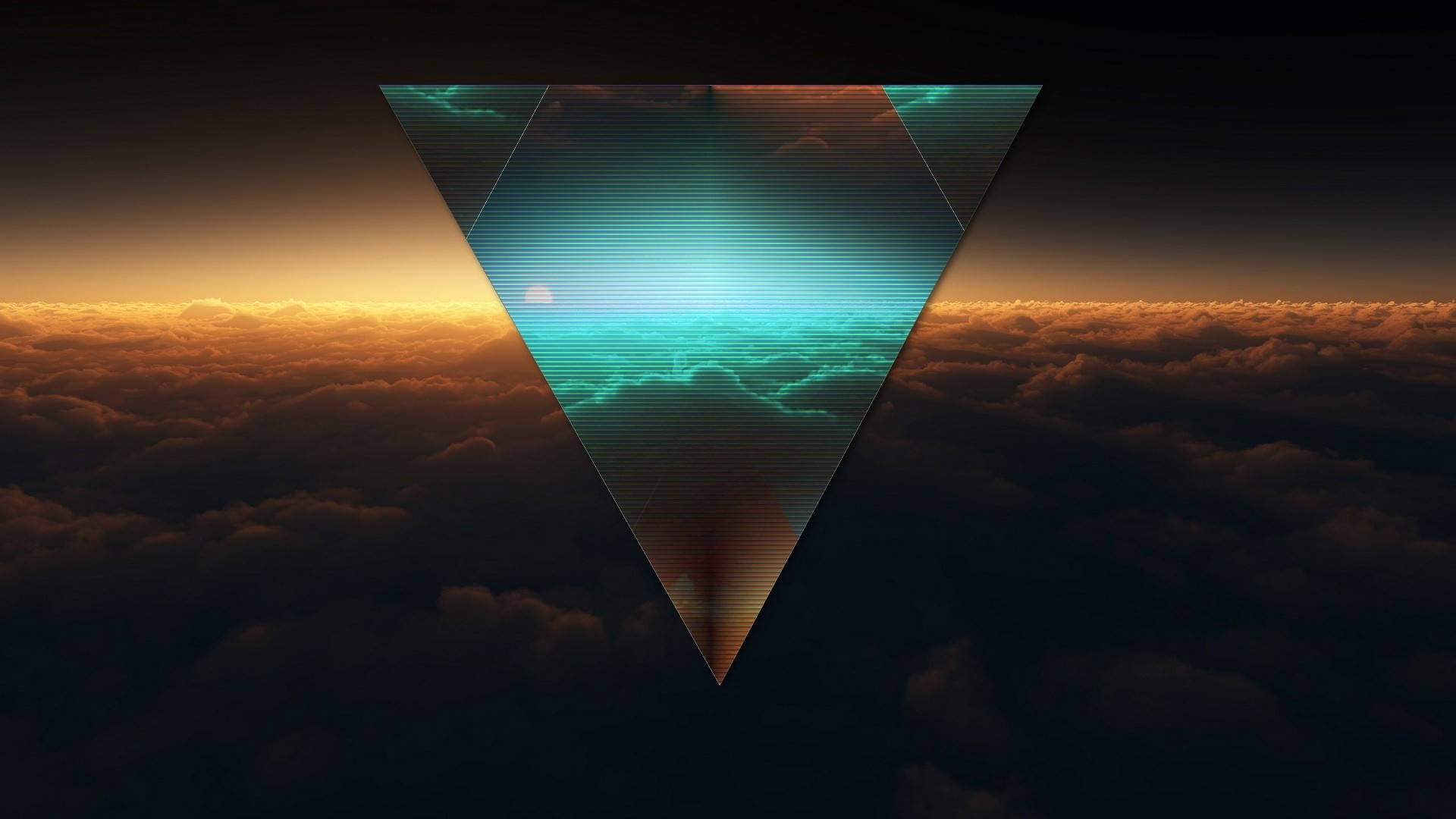 glowing teal triangle, sea of clouds, sunset, Full HD Desktop Wallpaper
