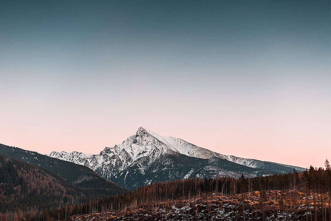 snowcapped mountain peak, soft pink and blue twilight sky, forested valley, SD Desktop Wallpaper