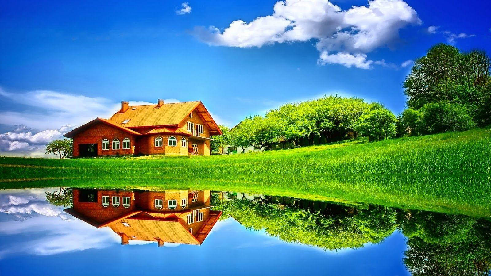 1080p HD, cottage by the lake, orange roof, HD Desktop Wallpaper