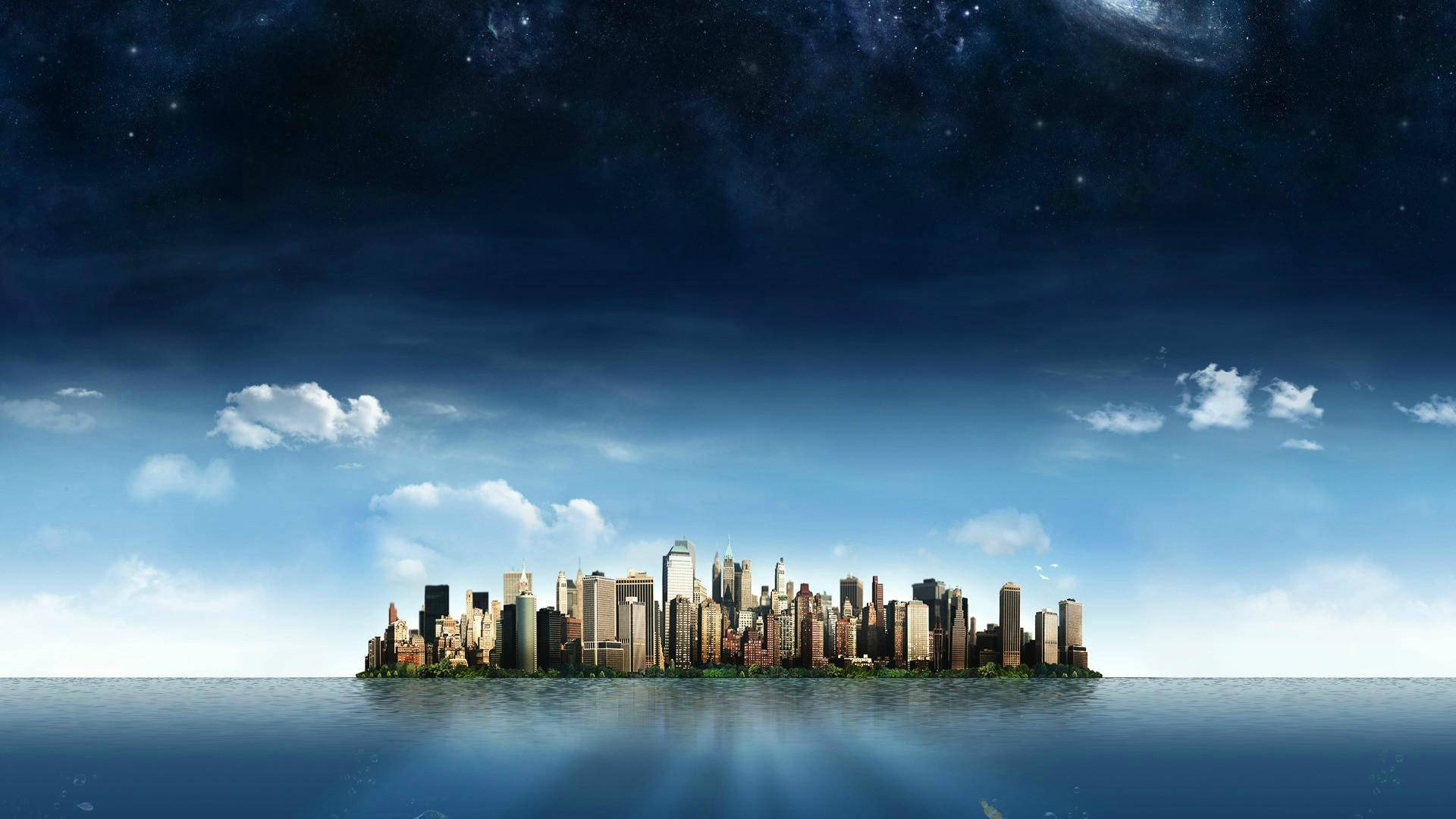 1080p HD, city on island, starry night sky, Full HD Desktop Wallpaper