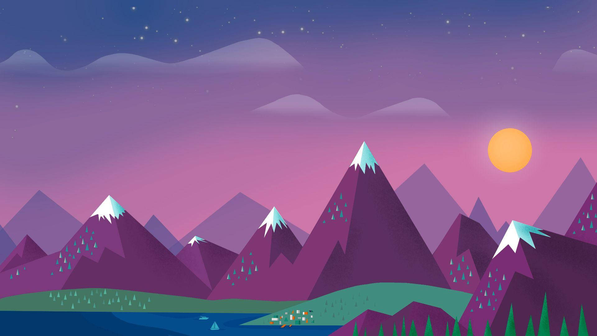 1080p HD, starry purple twilight sky, glowing sun, Full HD Desktop Wallpaper