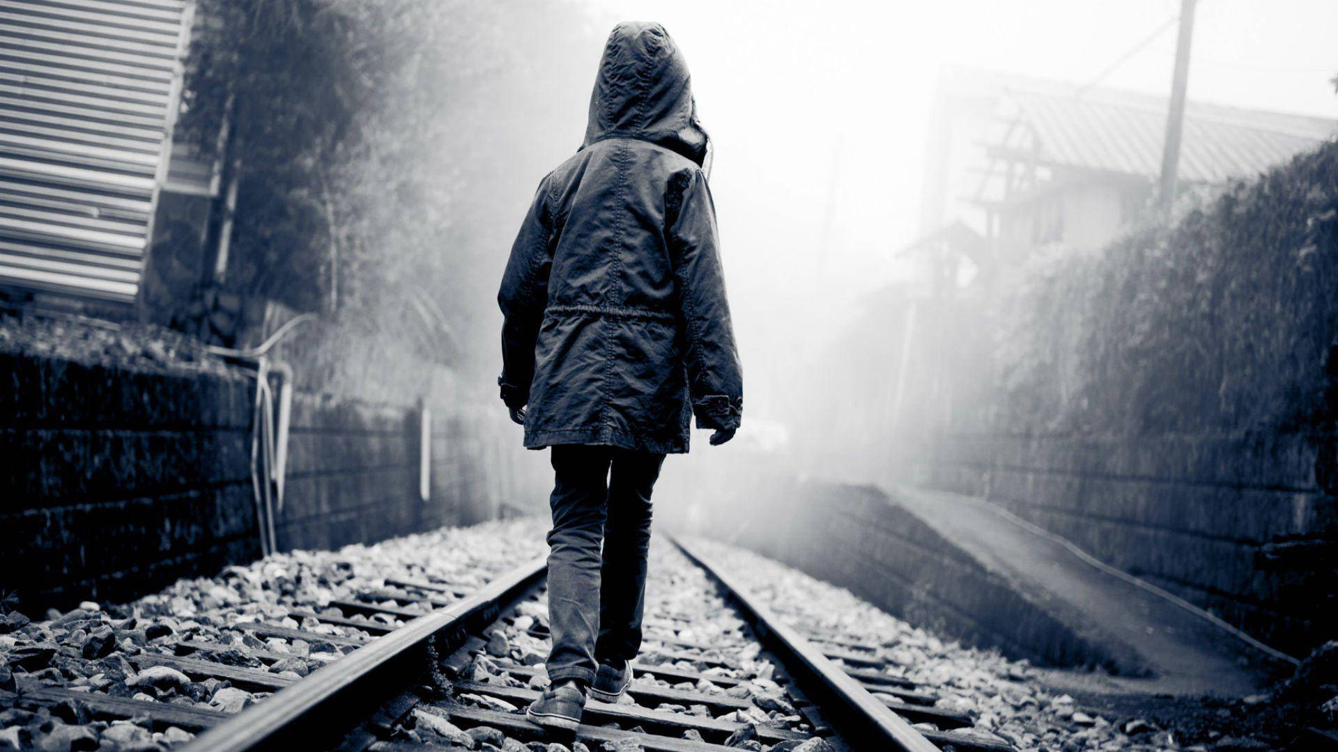 1080p HD, hooded figure, foggy railway track, Full HD Desktop Wallpaper