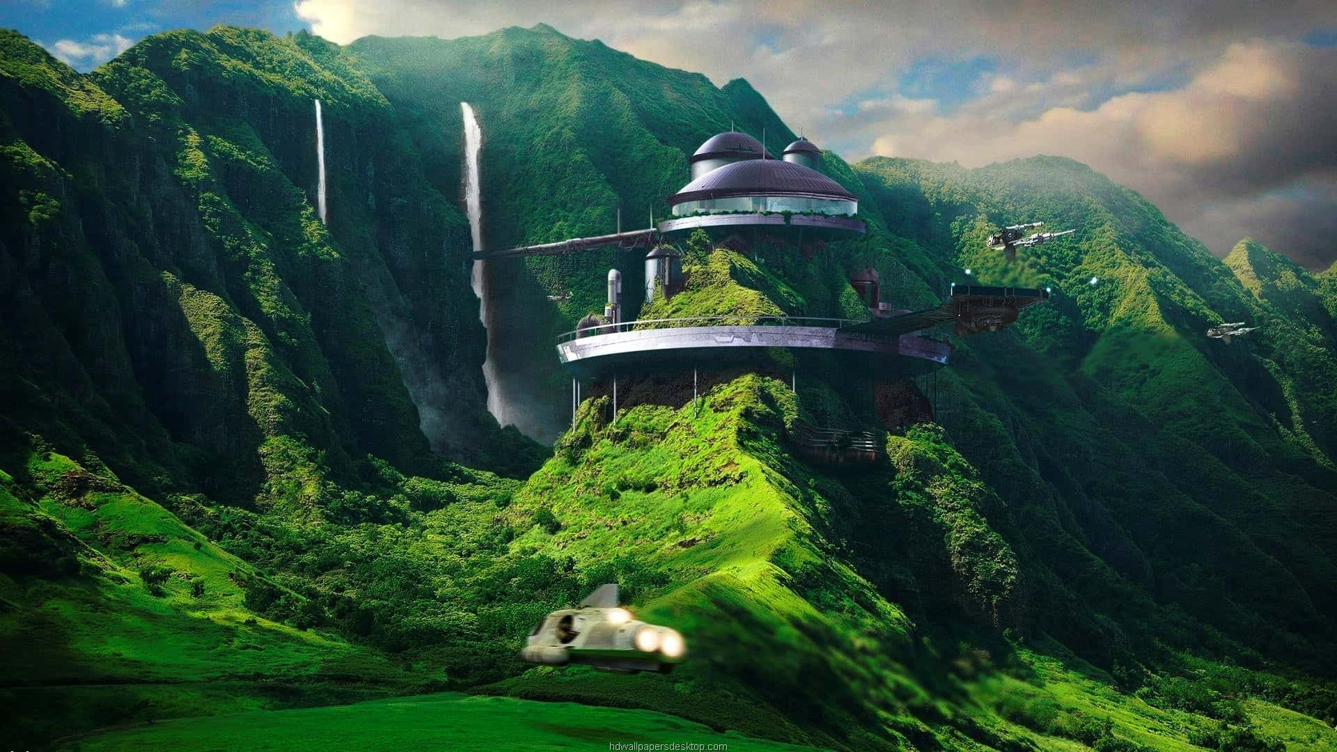 1920 x 1080 hd, futuristic dome-shaped space station, lush green mountain, Full HD Desktop Wallpaper