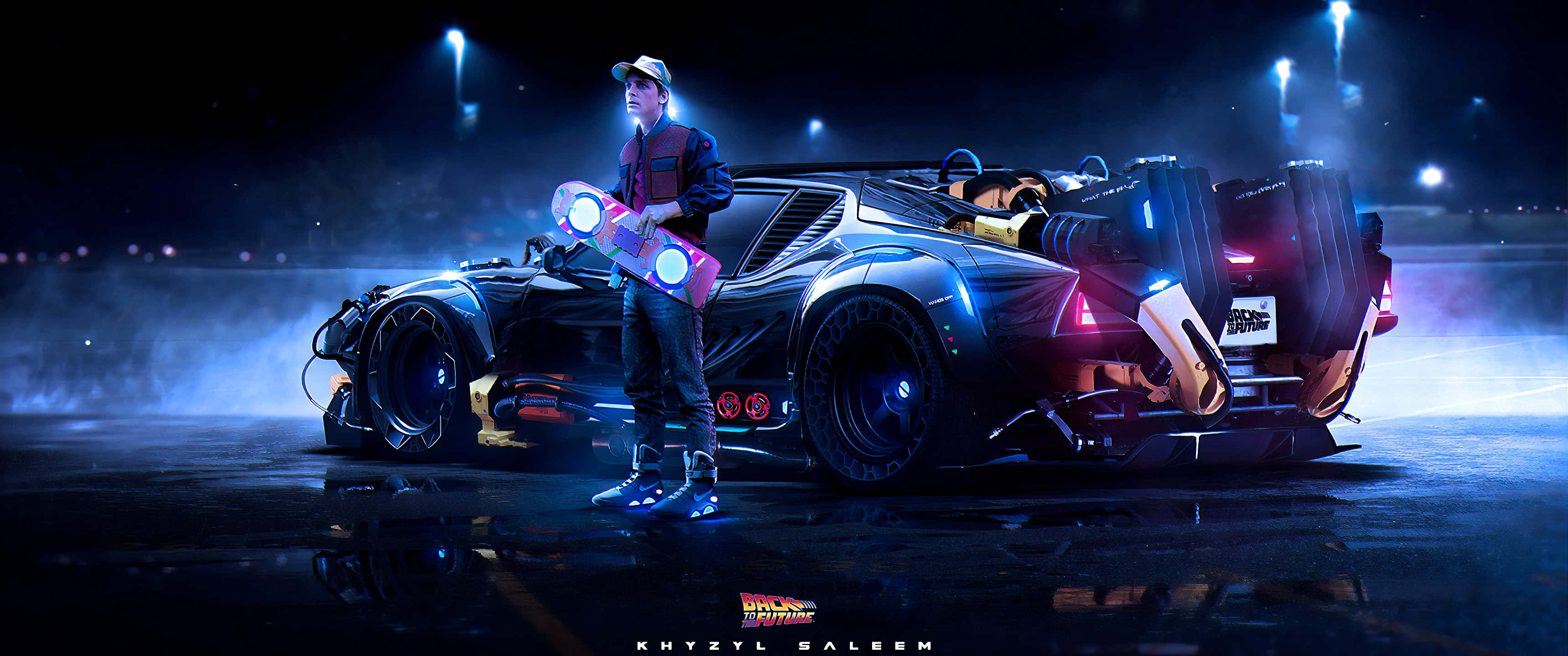ultra wide 3440 x 1440, futuristic racer, glowing black race car, 2K Desktop Wallpaper