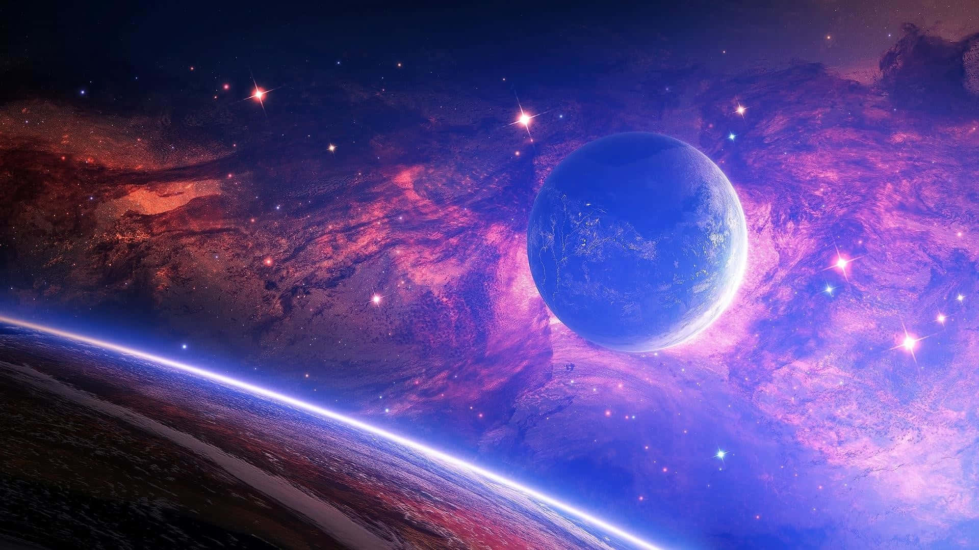 1920 x 1080 hd, glowing blue planet, swirling purple and red cosmic clouds, Full HD Desktop Wallpaper