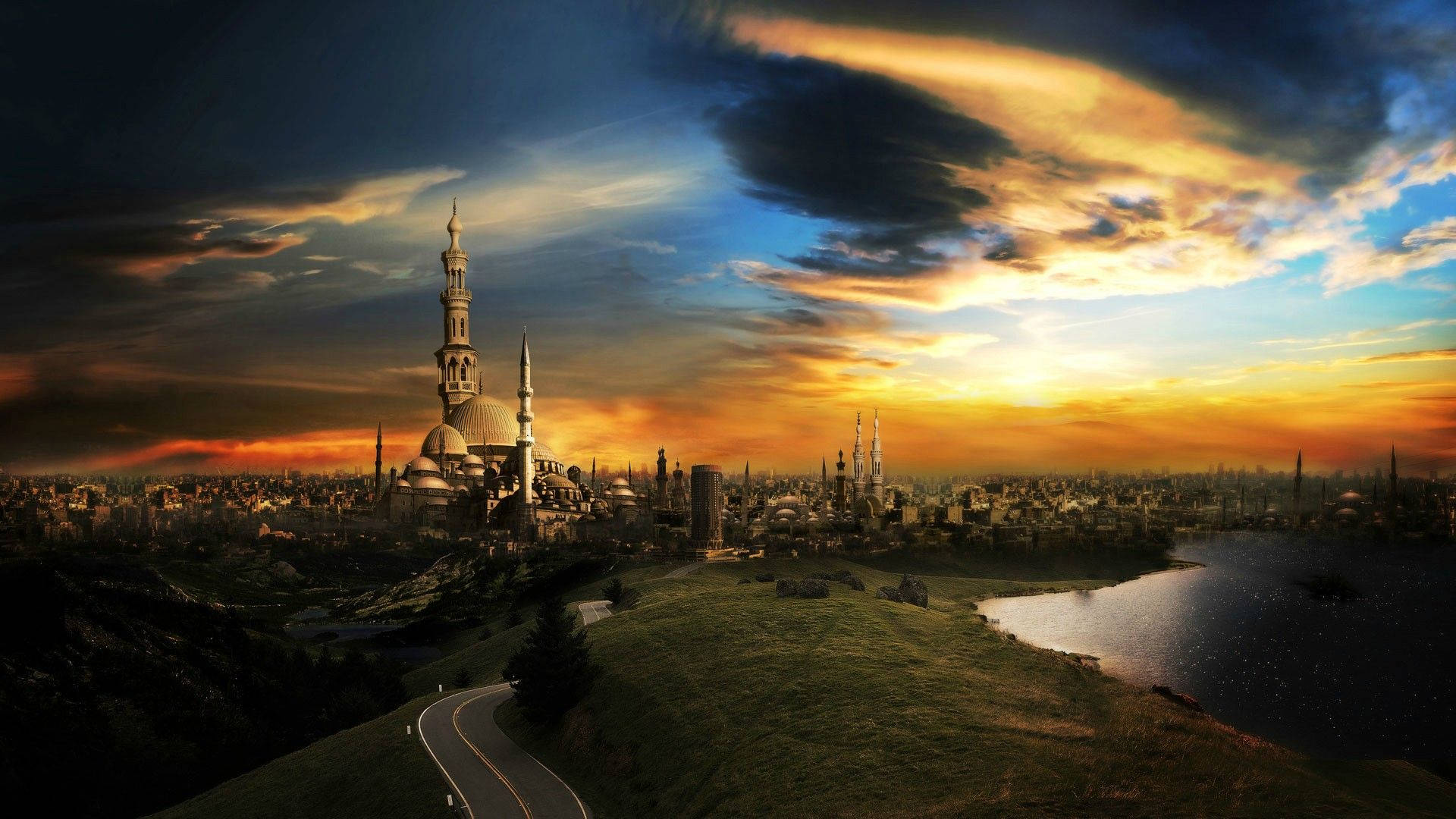 fantasy mosque, cityscape, sunset, Full HD Desktop Wallpaper