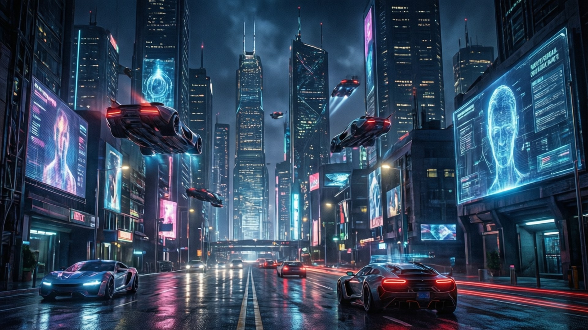 neon cyberpunk cityscape, flying cars, towering skyscrapers, Full HD Desktop Wallpaper