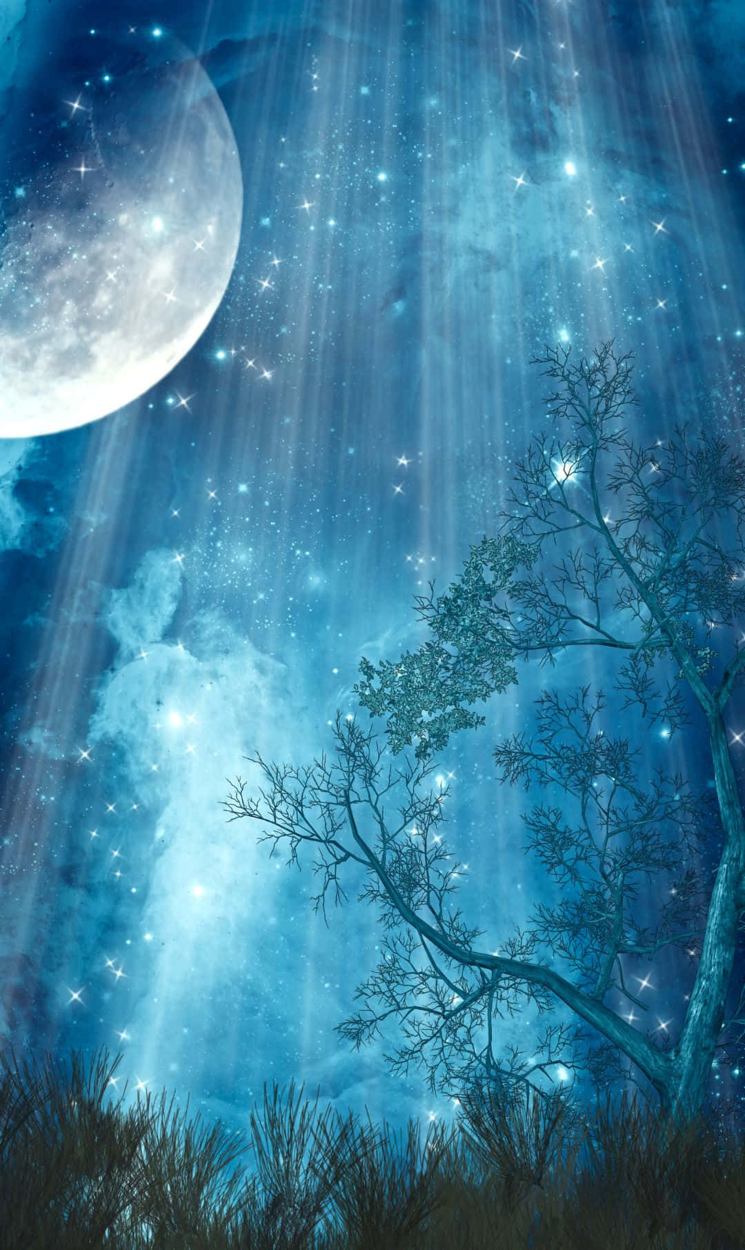 forest, lone tree, glowing blue night sky, HD Phone Wallpaper