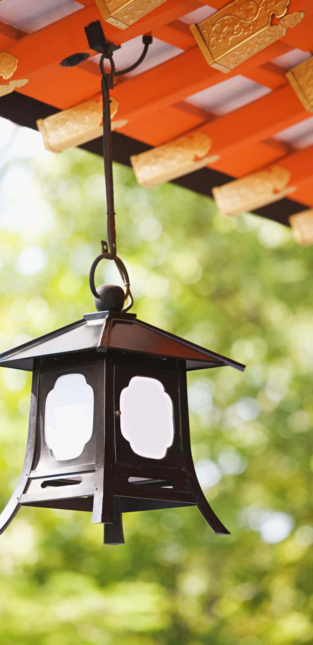 black Japanese lantern, vibrant orange torii gate, soft green blurred foliage background, Full HD Phone Wallpaper