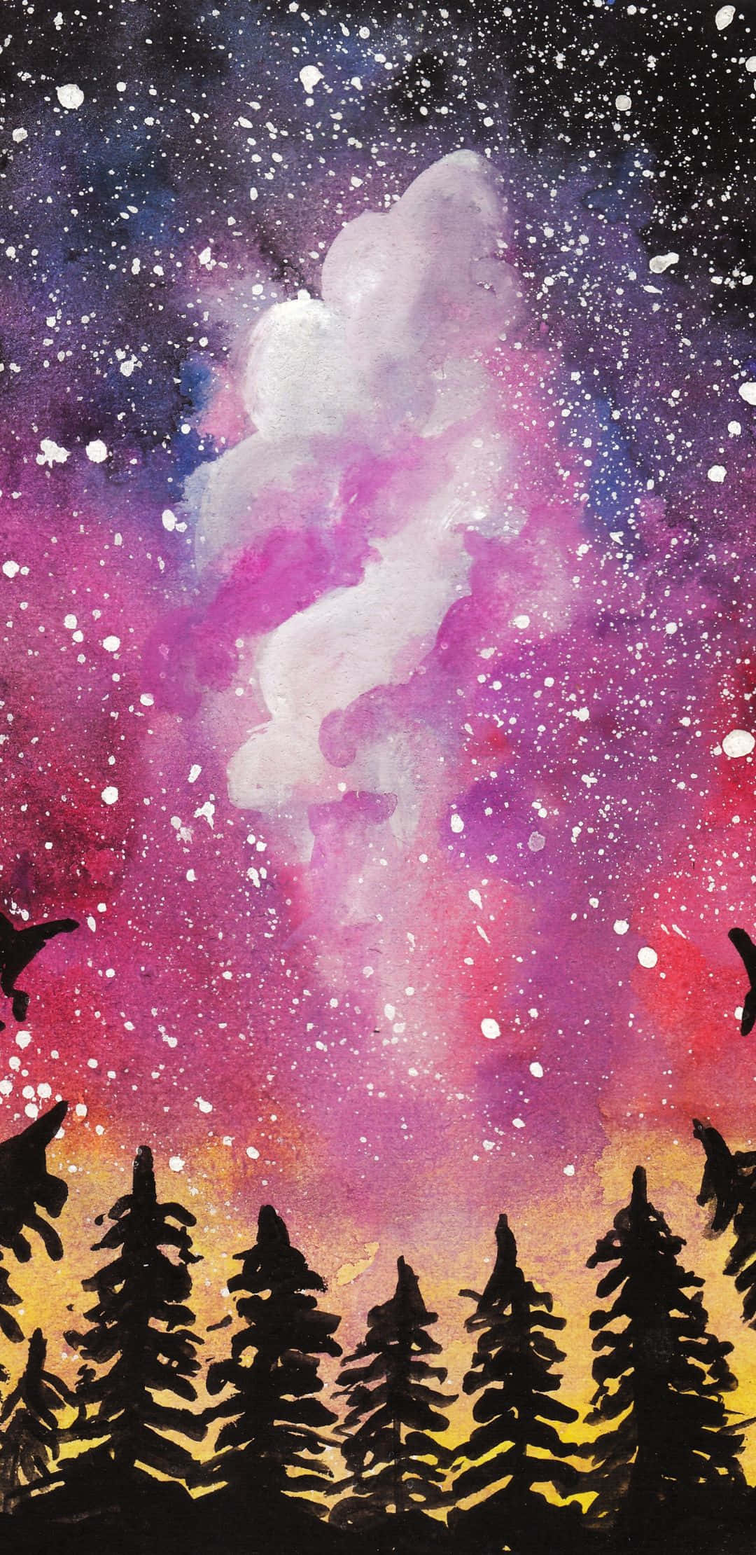 watercolor galaxy, pink purple and blue nebulae, black pine forest silhouette, Full HD Phone Wallpaper