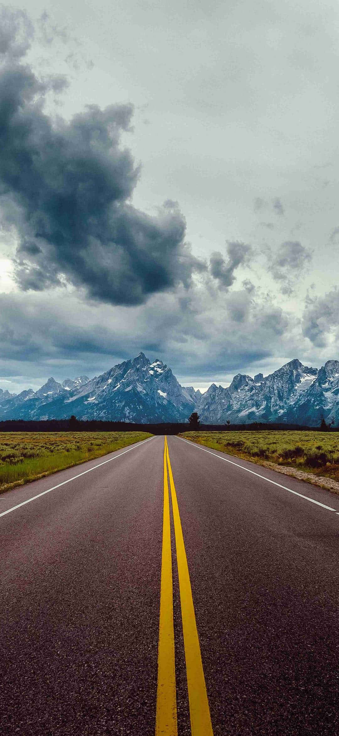 1080x2340, yellow lines, snow-capped mountains, Full HD Phone Wallpaper