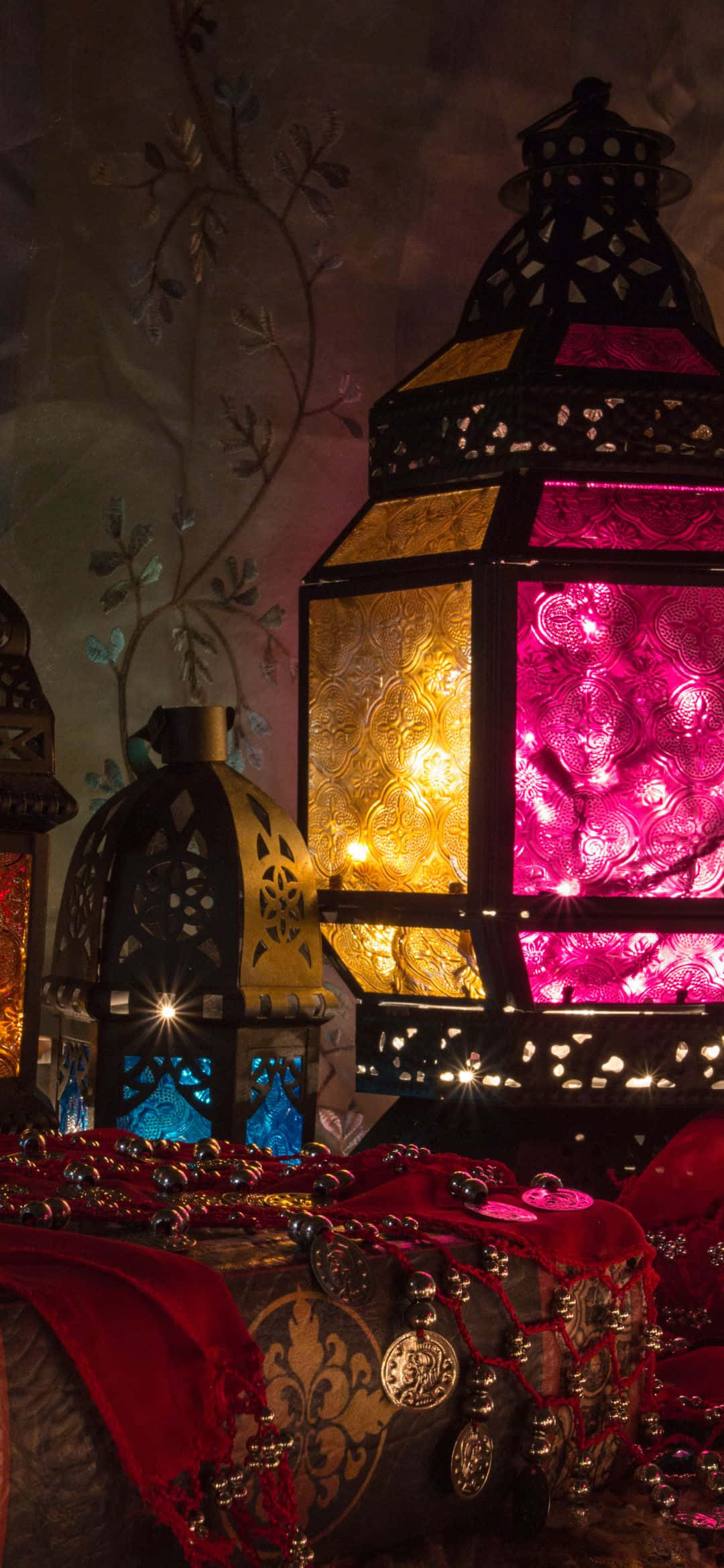 starry night sky, glowing ornate lantern, pink and gold stained glass, Full HD Phone Wallpaper