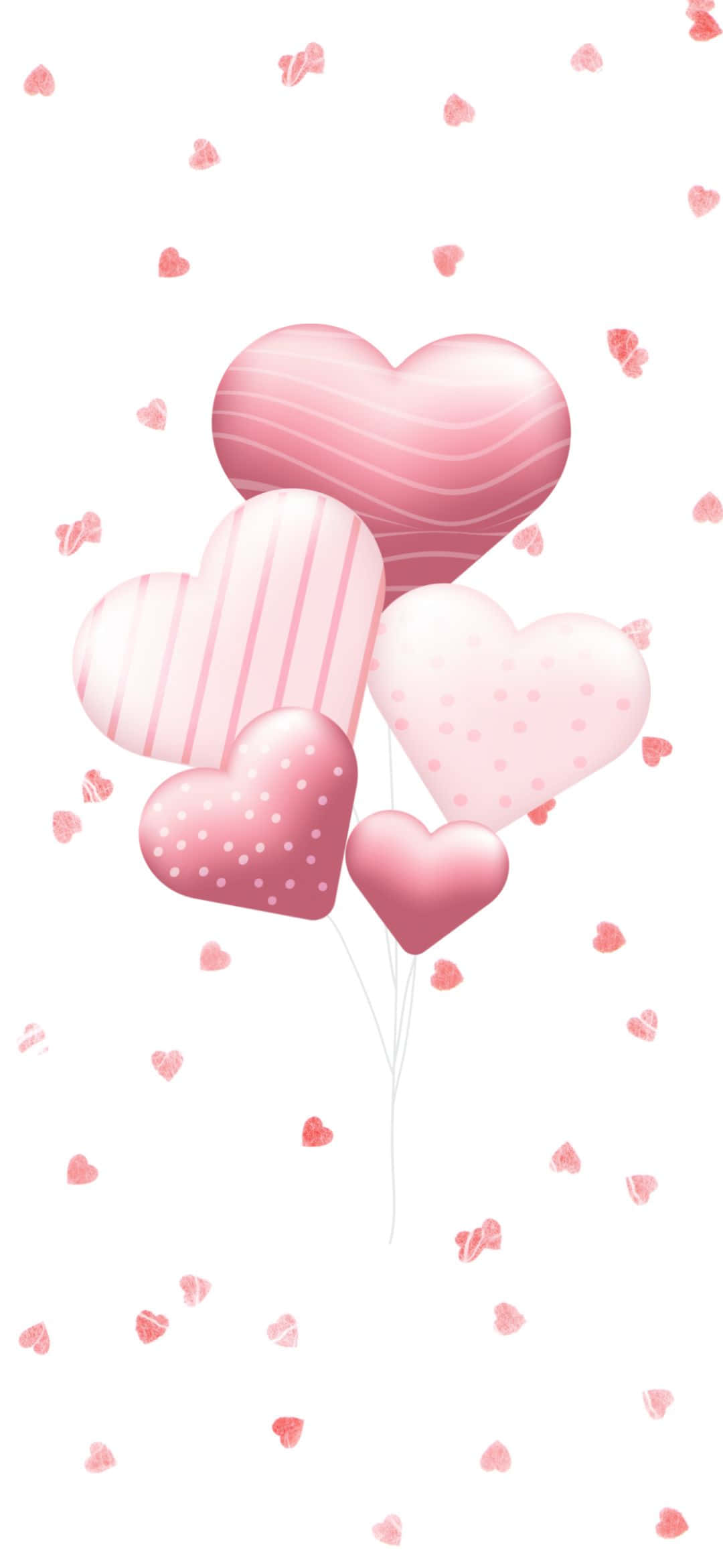 soft pink heart balloons, striped and dotted patterns, falling heart confetti, Full HD Phone Wallpaper