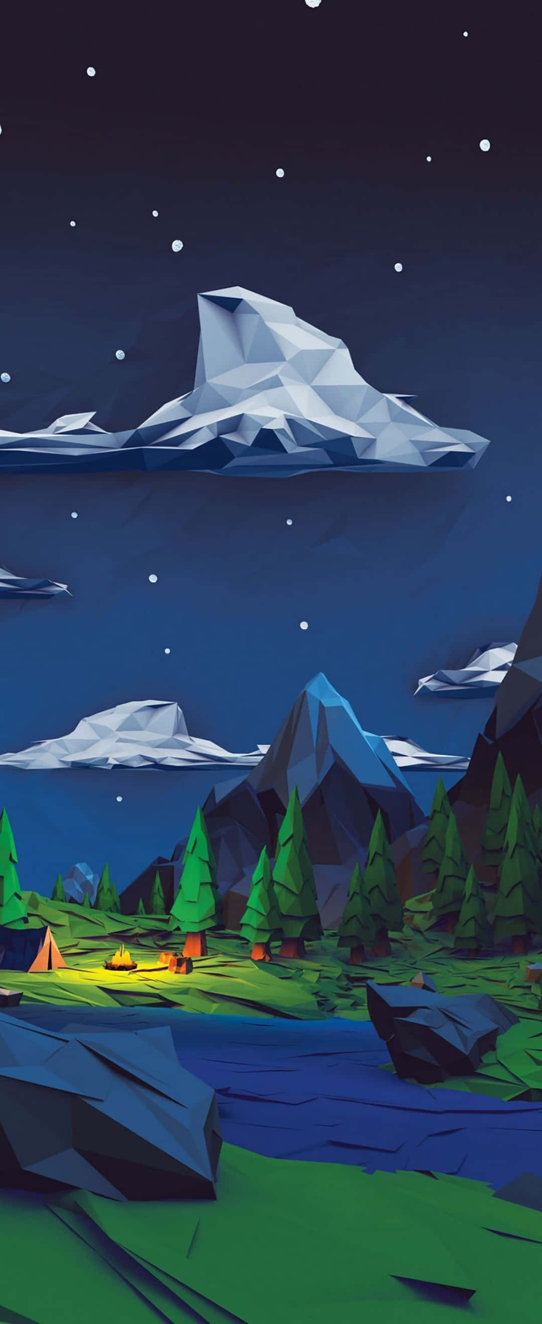 low poly mountain landscape, night, campfire glowing, 2K Phone Wallpaper