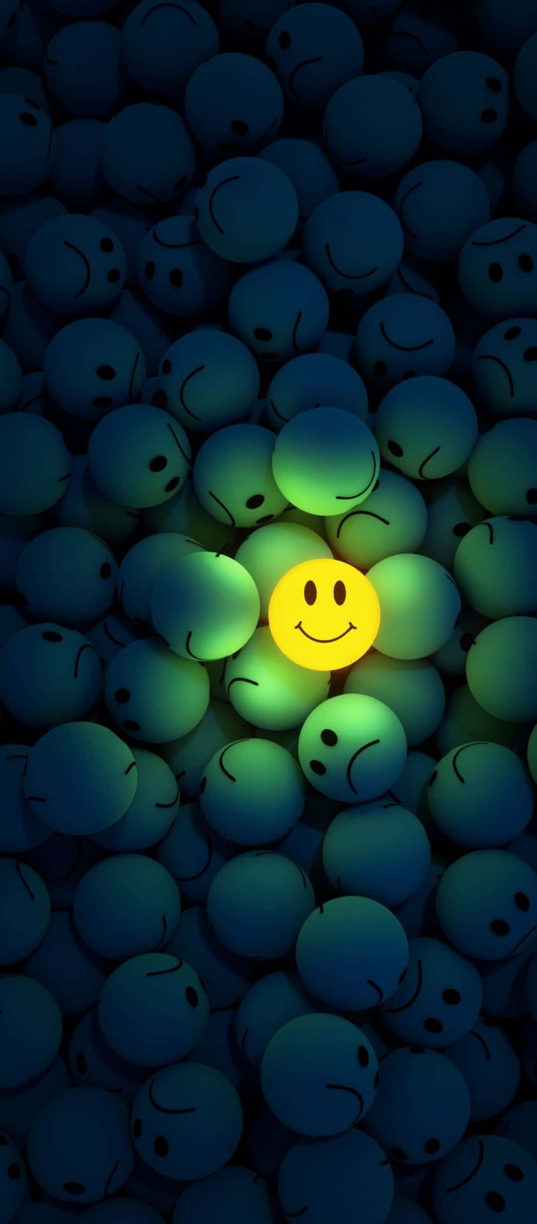 yellow smiley face, dim blue neutral faces, dark field, Full HD Phone Wallpaper