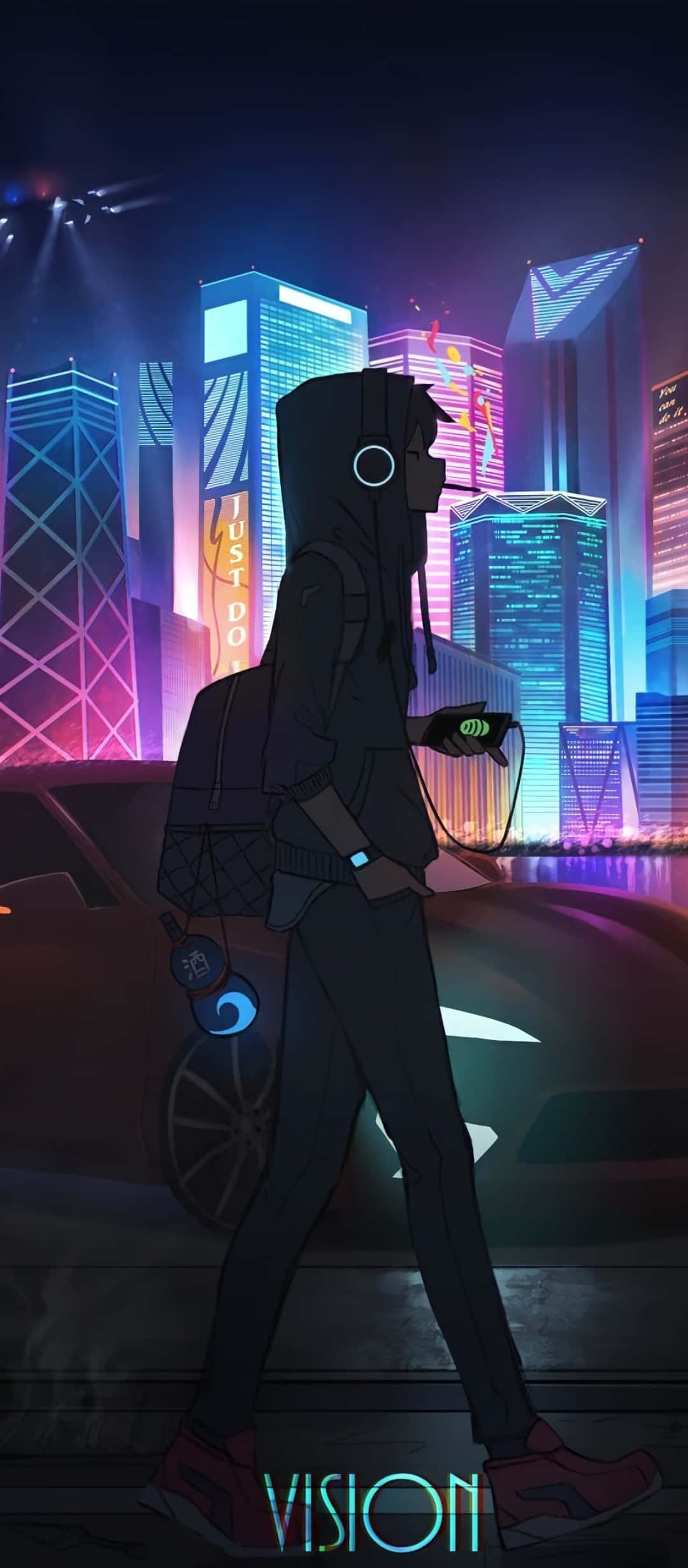 hooded figure, glowing car, vibrant neon-lit city skyline, Full HD Phone Wallpaper