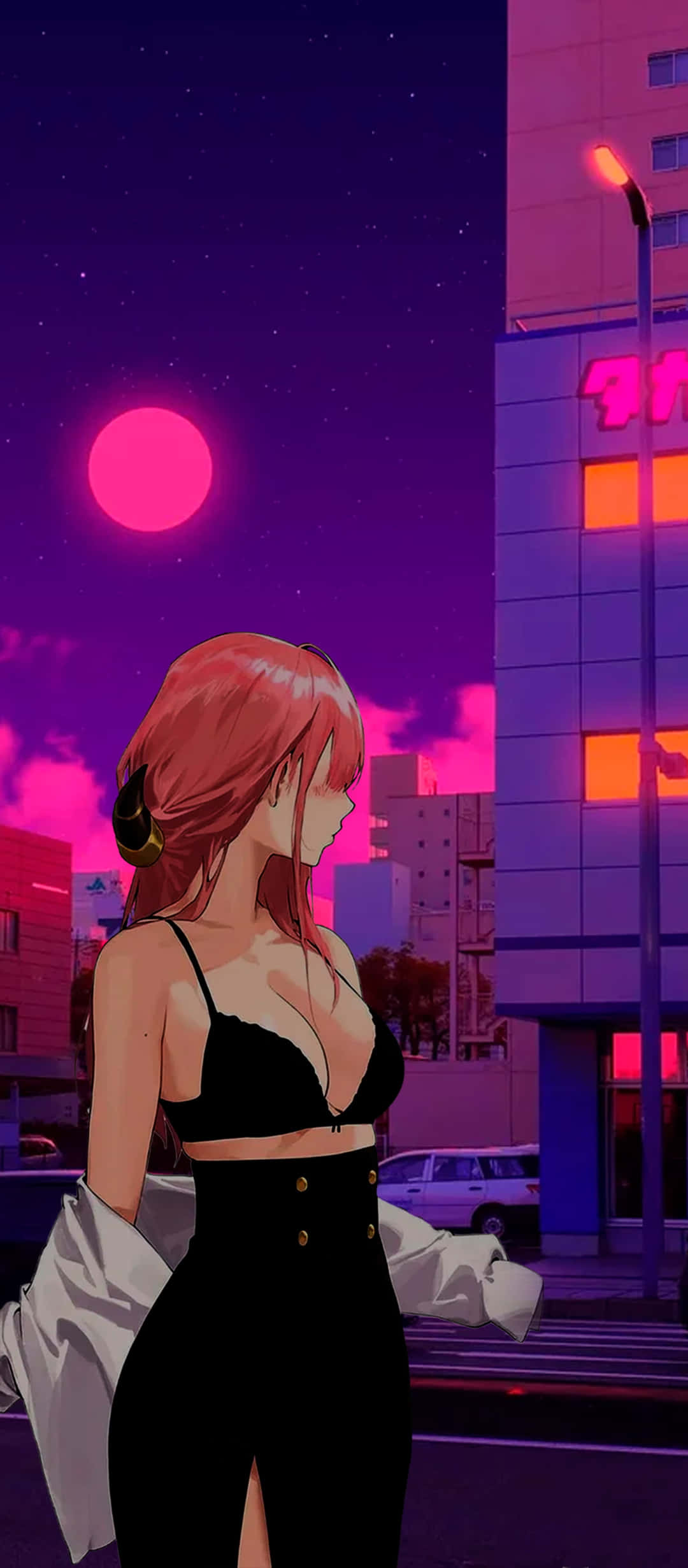 pink-haired anime girl, black outfit, neon-drenched city street, Full HD Phone Wallpaper