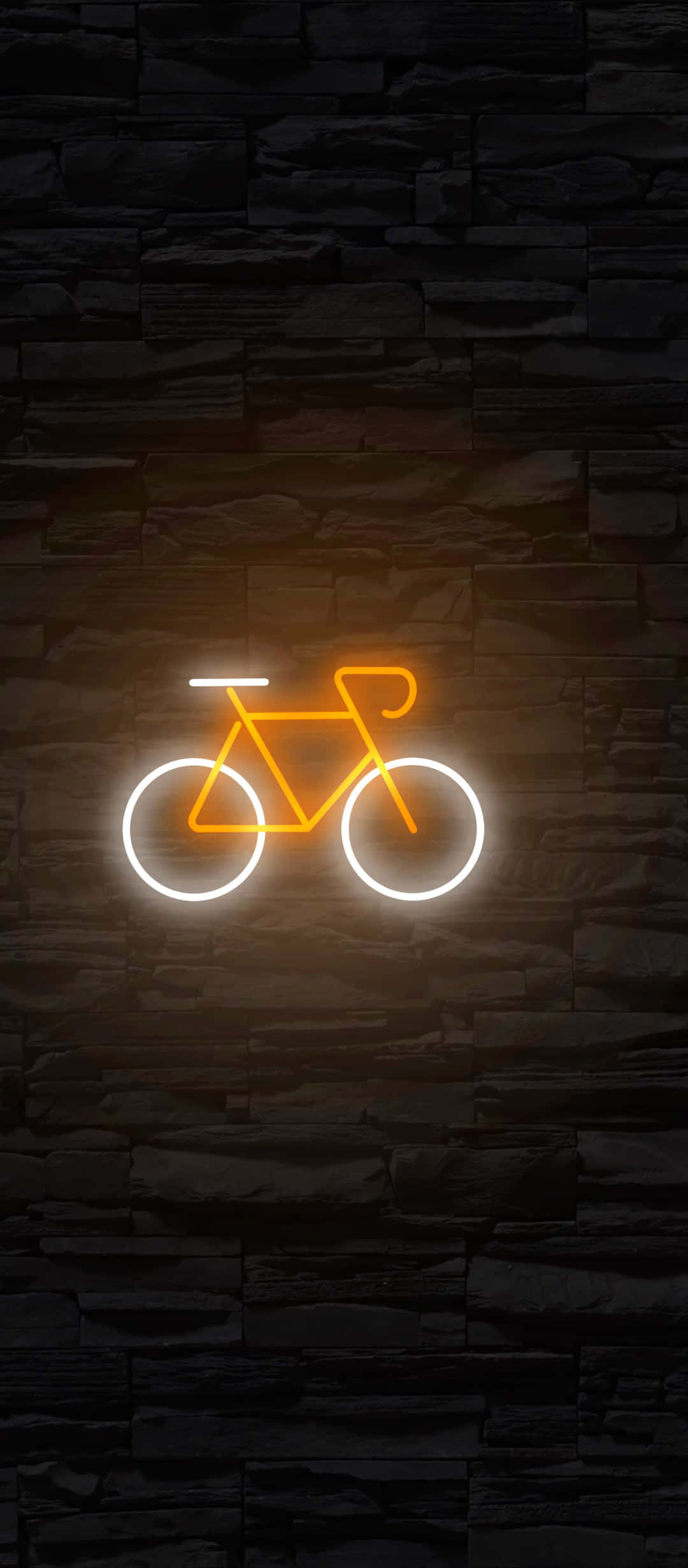 neon bicycle sign, orange and white tubes, dark textured stone wall, Full HD Phone Wallpaper