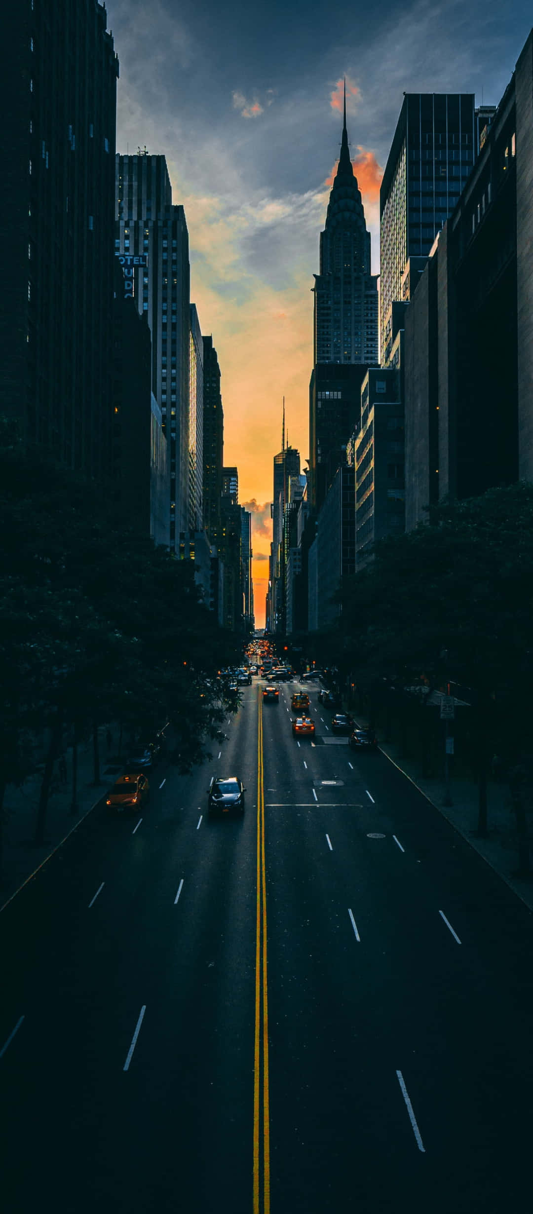 Sunset, Urban canyon, Skyscrapers, Full HD Phone Wallpaper