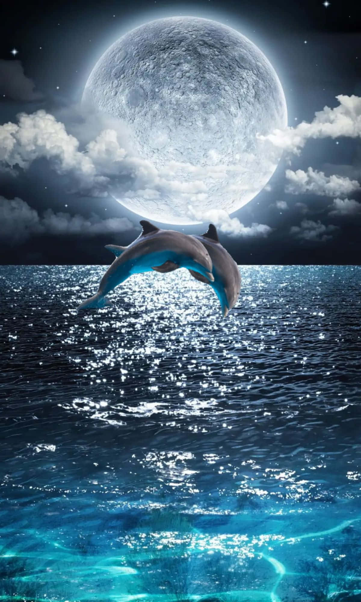 dolphins, glowing blue ocean, luminous moon, Full HD Phone Wallpaper