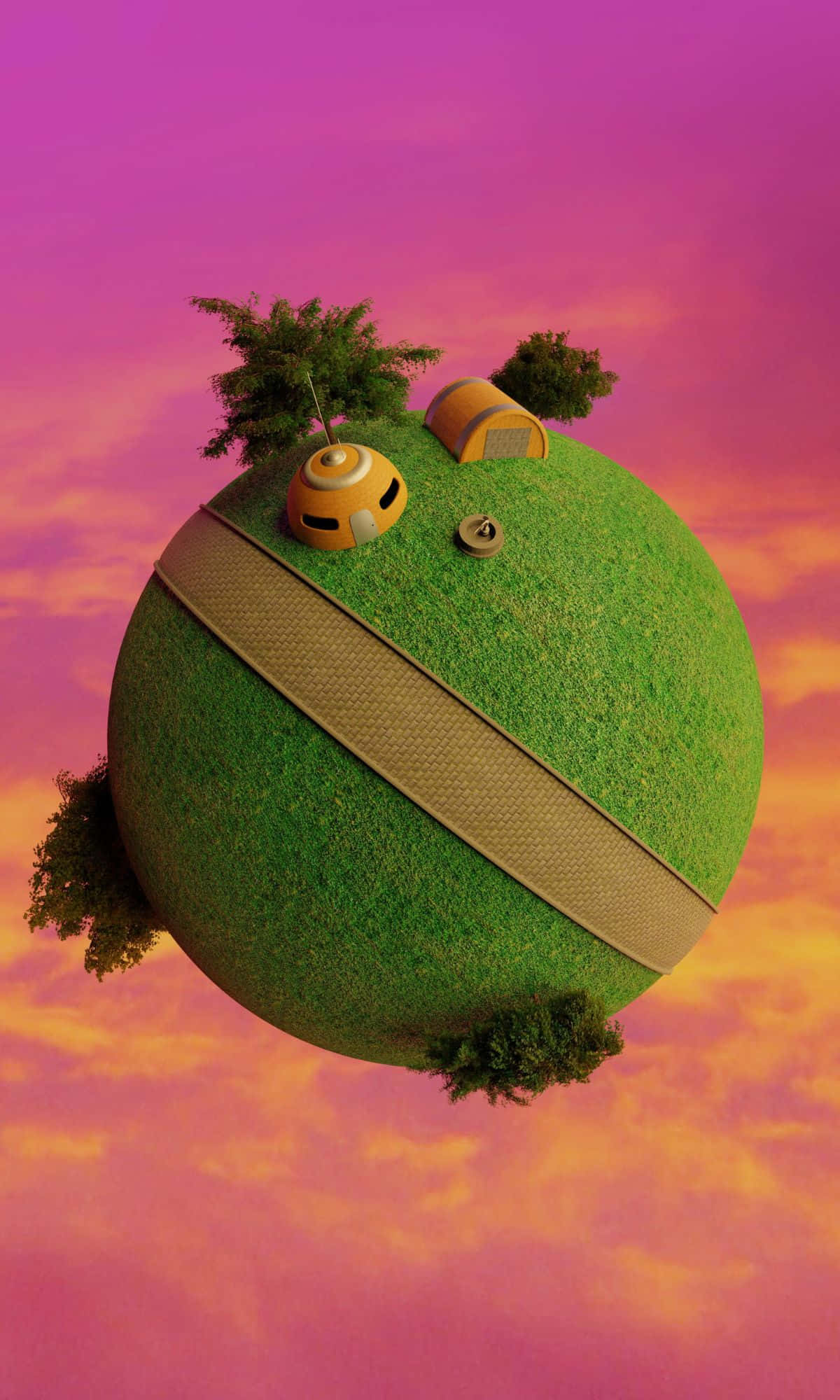 green sphere, grass trees, tiny houses, Full HD Phone Wallpaper