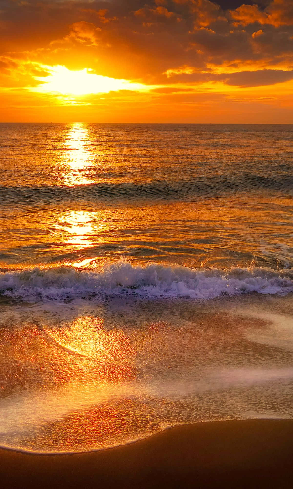 Golden sunset, ocean waves, sandy shore, Full HD Phone Wallpaper