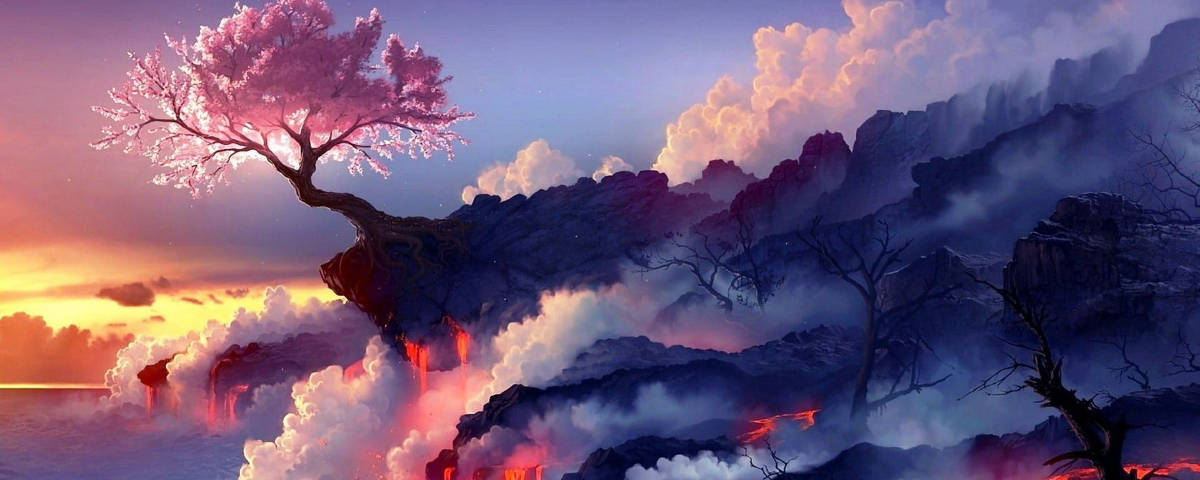 1200x480, sakura tree, cliff, SD Desktop Wallpaper
