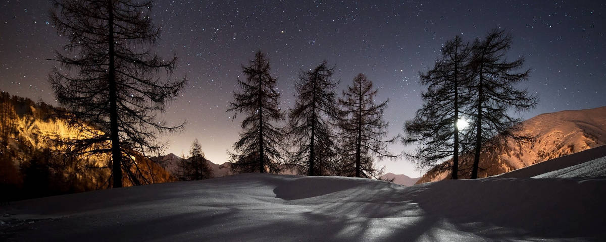 1200x480, snowy mountain ridge, silhouetted trees, SD Desktop Wallpaper
