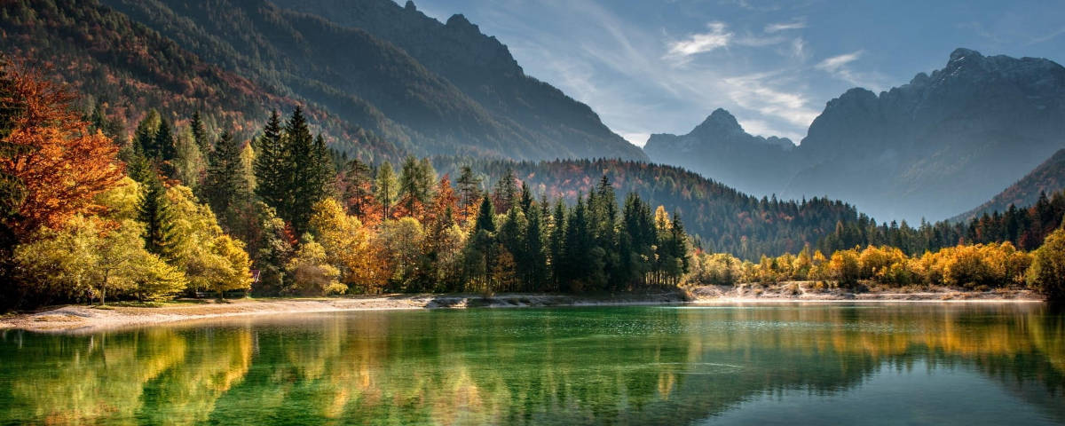 1200x480, lake, pine trees, SD Desktop Wallpaper