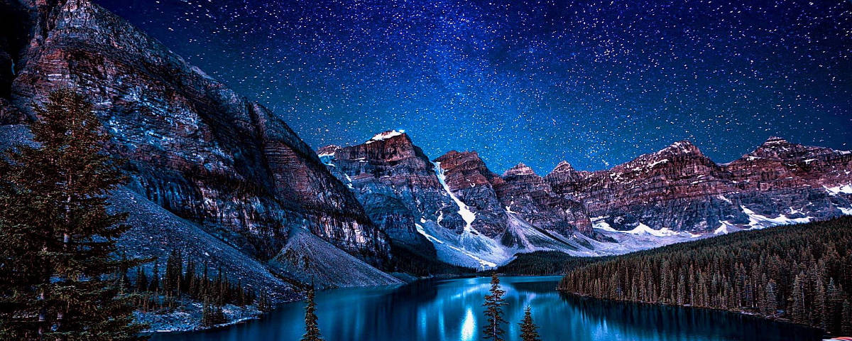 1200x480, starry sky, snowy mountains, SD Desktop Wallpaper