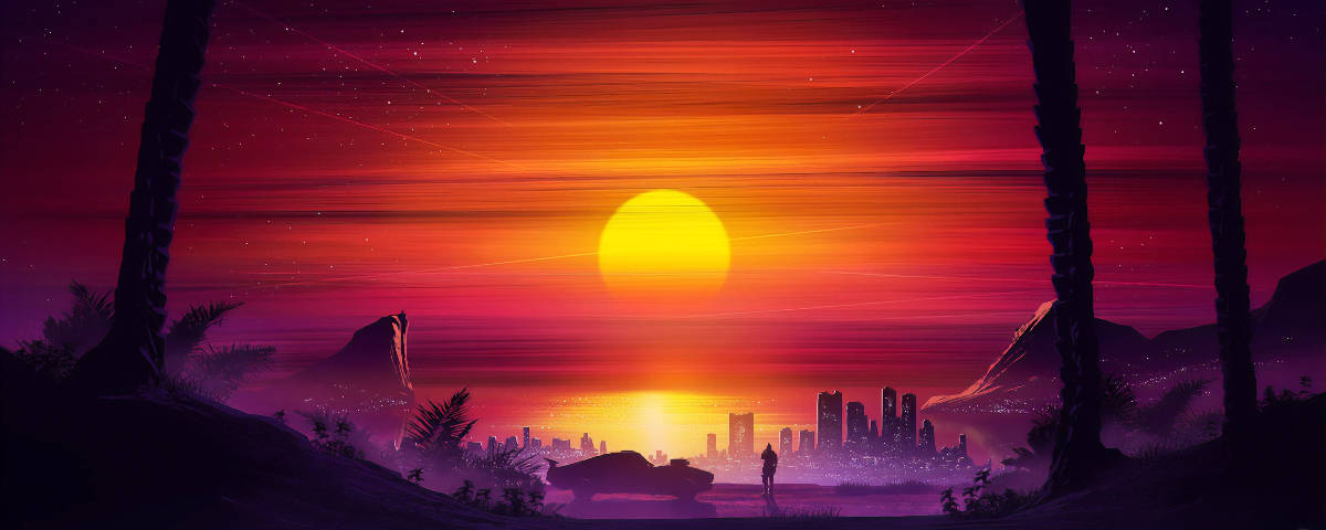 1200x480, sunset sky, purple city, SD Desktop Wallpaper