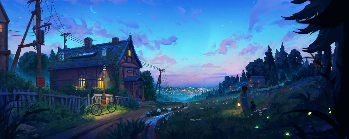 1200x480, twilight village, glowing windows, SD Desktop Wallpaper