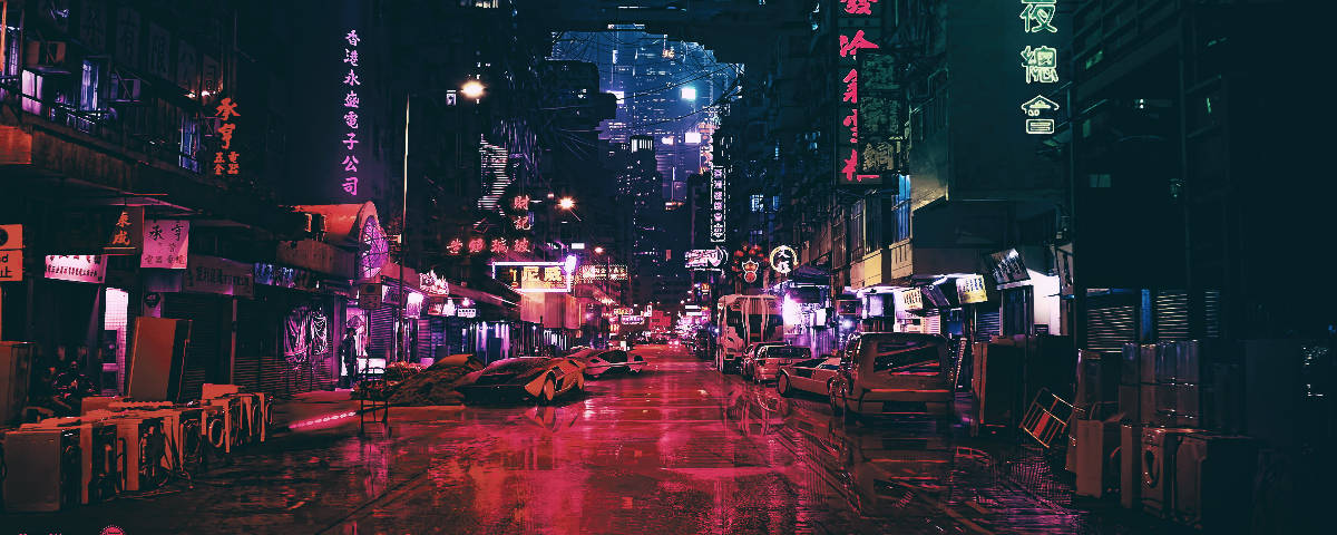 1200x48, neon-lit alleyway, rain-slicked, SD Desktop Wallpaper