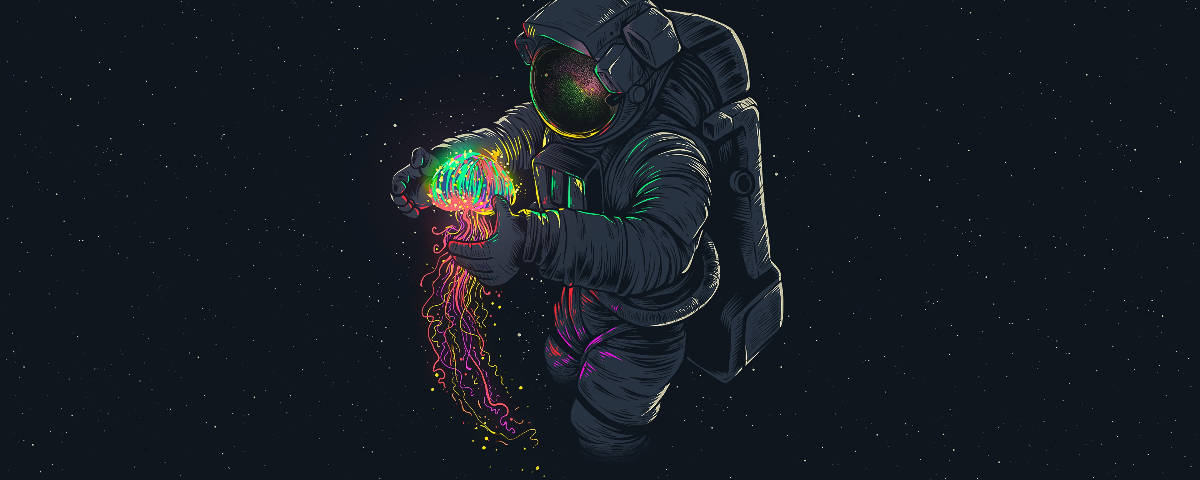 1200x480, astronaut, neon jellyfish, SD Desktop Wallpaper