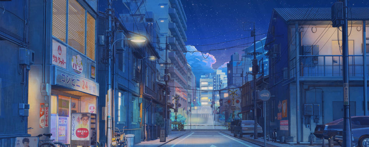 1200x480, anime-style Japanese street, glowing shop signs, SD Desktop Wallpaper