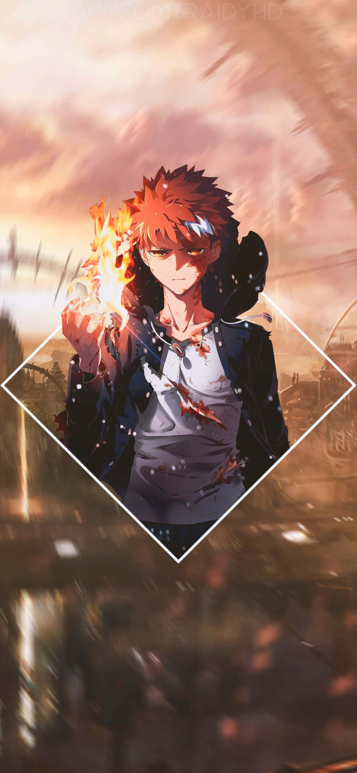 fiery-haired anime boy, glowing eyes, flame, 2K Phone Wallpaper