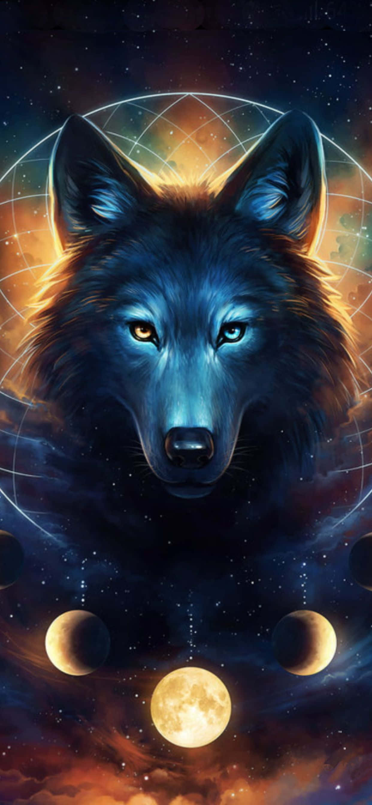 blue wolf, glowing eyes, cosmic backdrop, 2K Phone Wallpaper