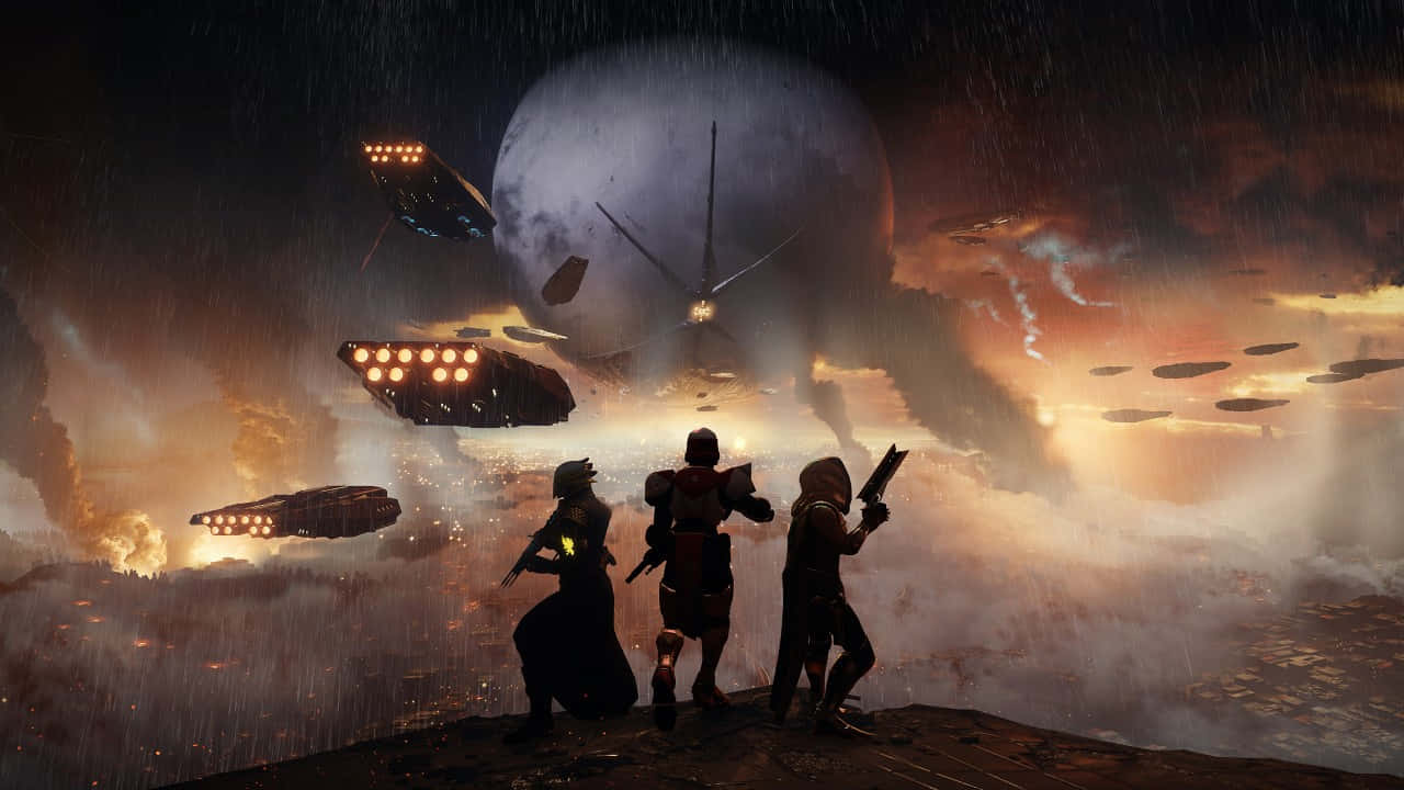 1280 X 720, stormy cliff, glowing alien ships, HD Desktop Wallpaper