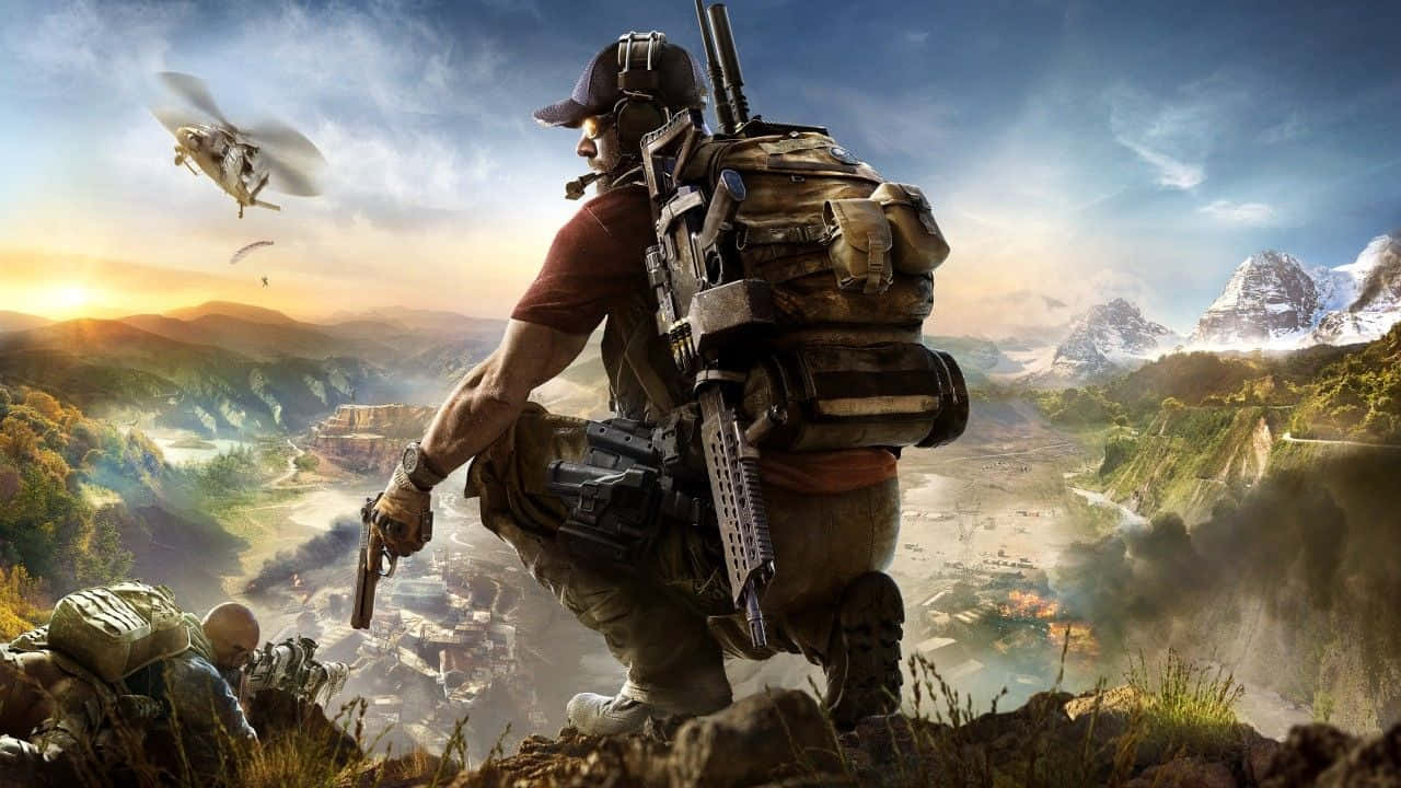 tactical gear, valley at sunset, helicopter flying overhead, HD Desktop Wallpaper