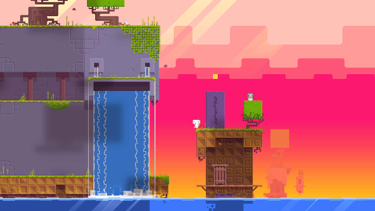 Pixelated cat, floating platforms, vibrant sunset sky, HD Desktop Wallpaper