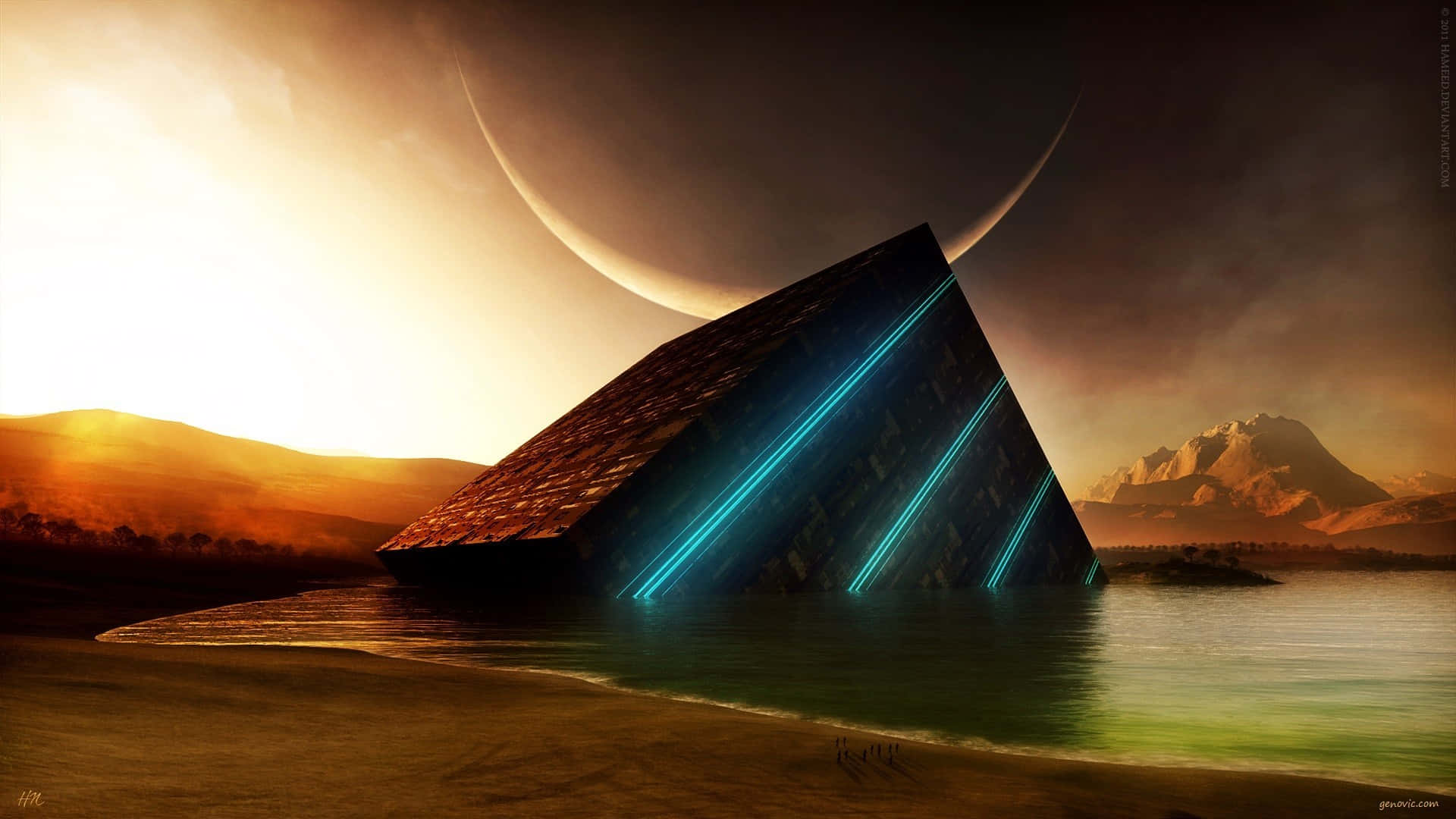 blue pyramid, water, massive crescent moon, Full HD Desktop Wallpaper