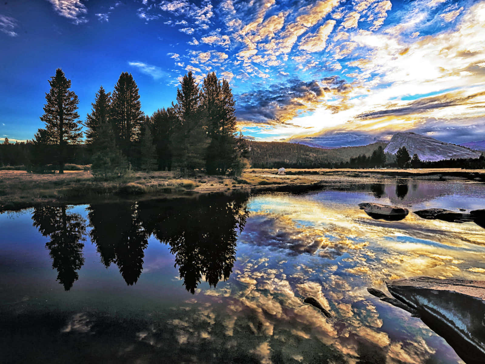alpine lake, golden sunset clouds, pine trees, HD Desktop Wallpaper