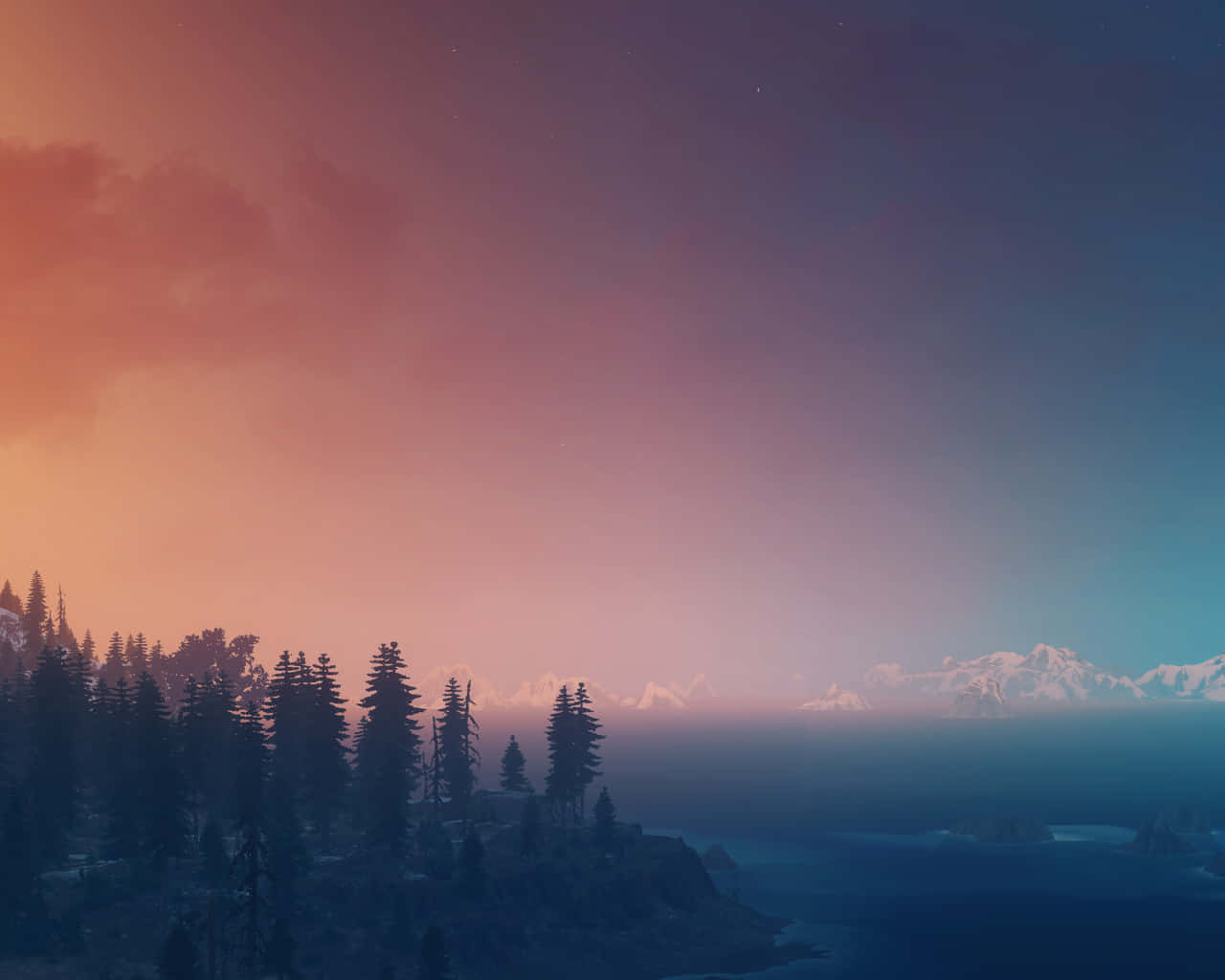 sunset, pine trees, gradient sky, HD Desktop Wallpaper