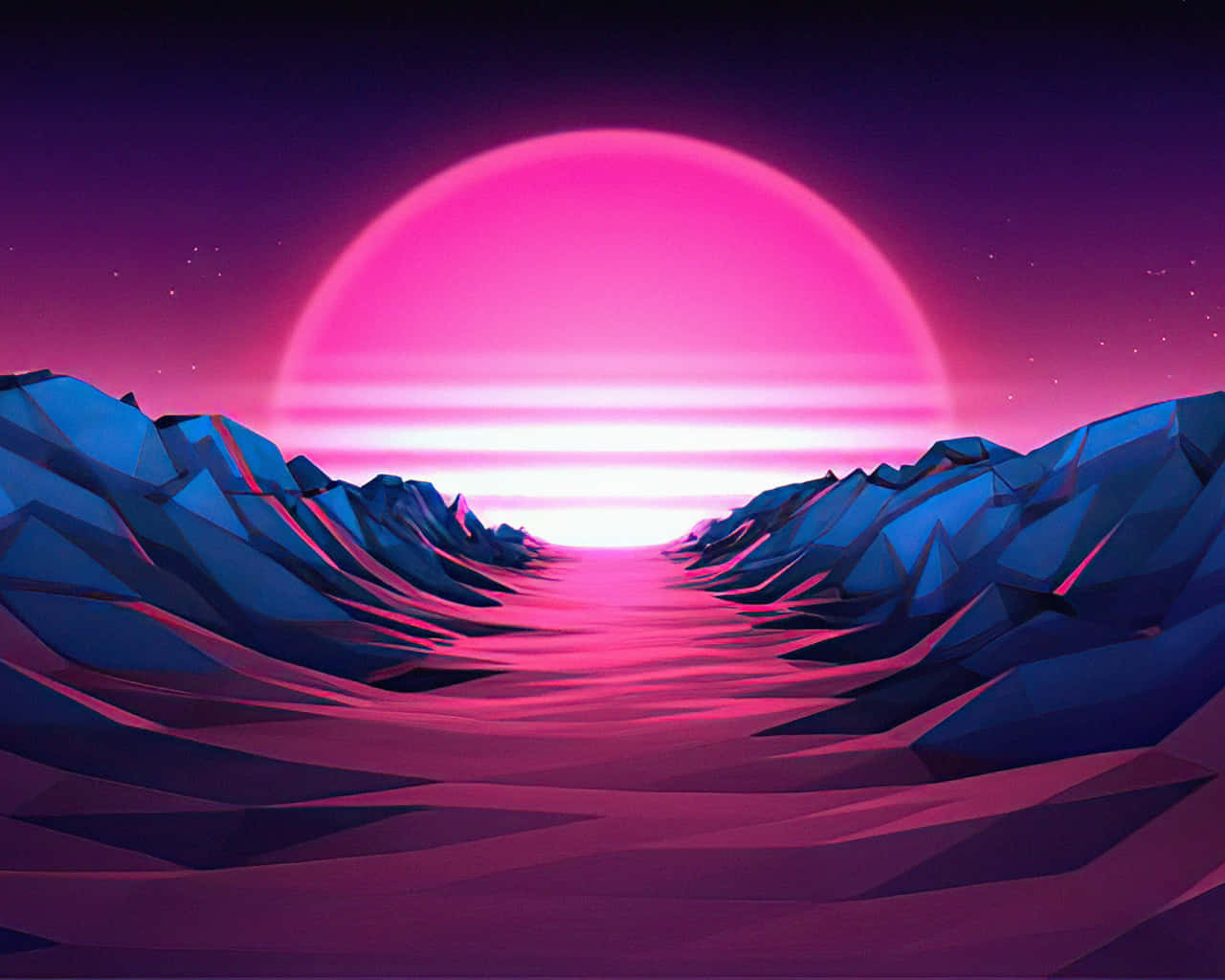 pink sun, jagged blue mountains, vibrant pink light, HD Desktop Wallpaper