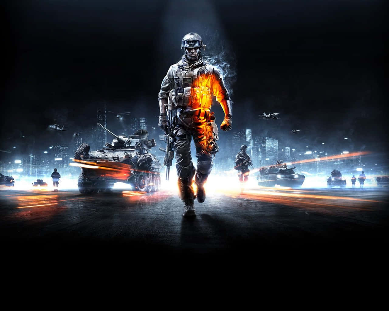 glowing orange armor, dark futuristic city street, tanks, HD Desktop Wallpaper