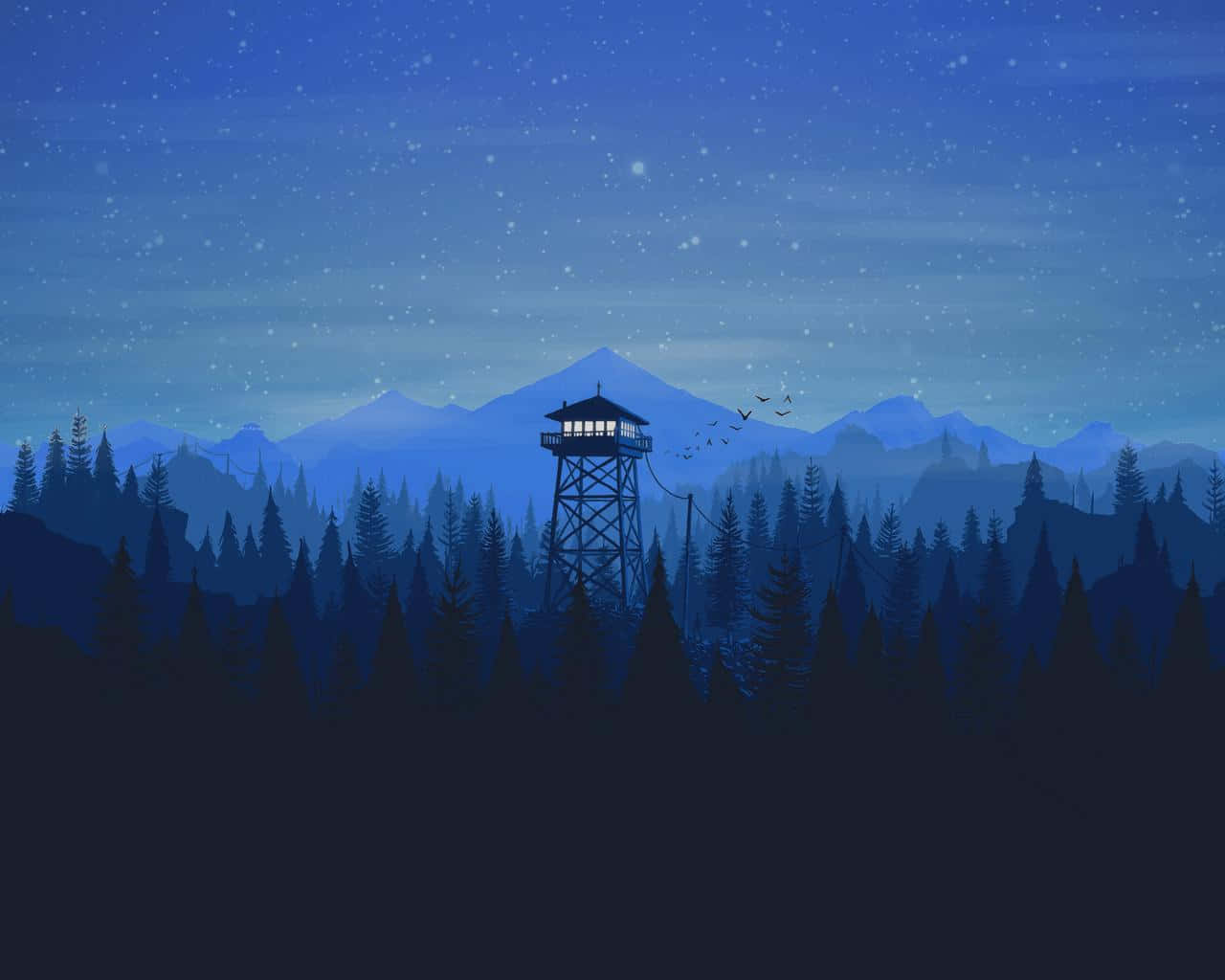 fire watchtower, starry night sky, dense pine forest, HD Desktop Wallpaper