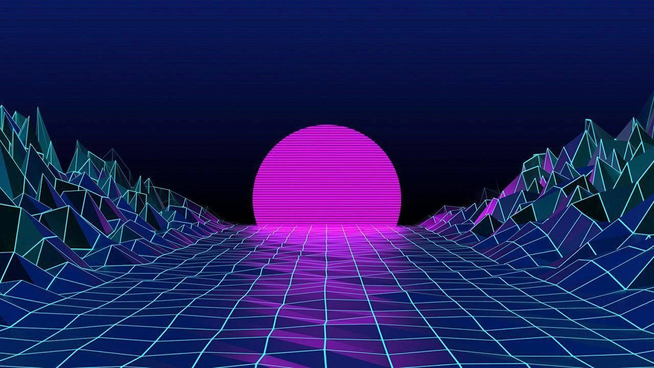 1280x720 Gaming, neon pink sun, geometric blue mountains, HD Desktop Wallpaper
