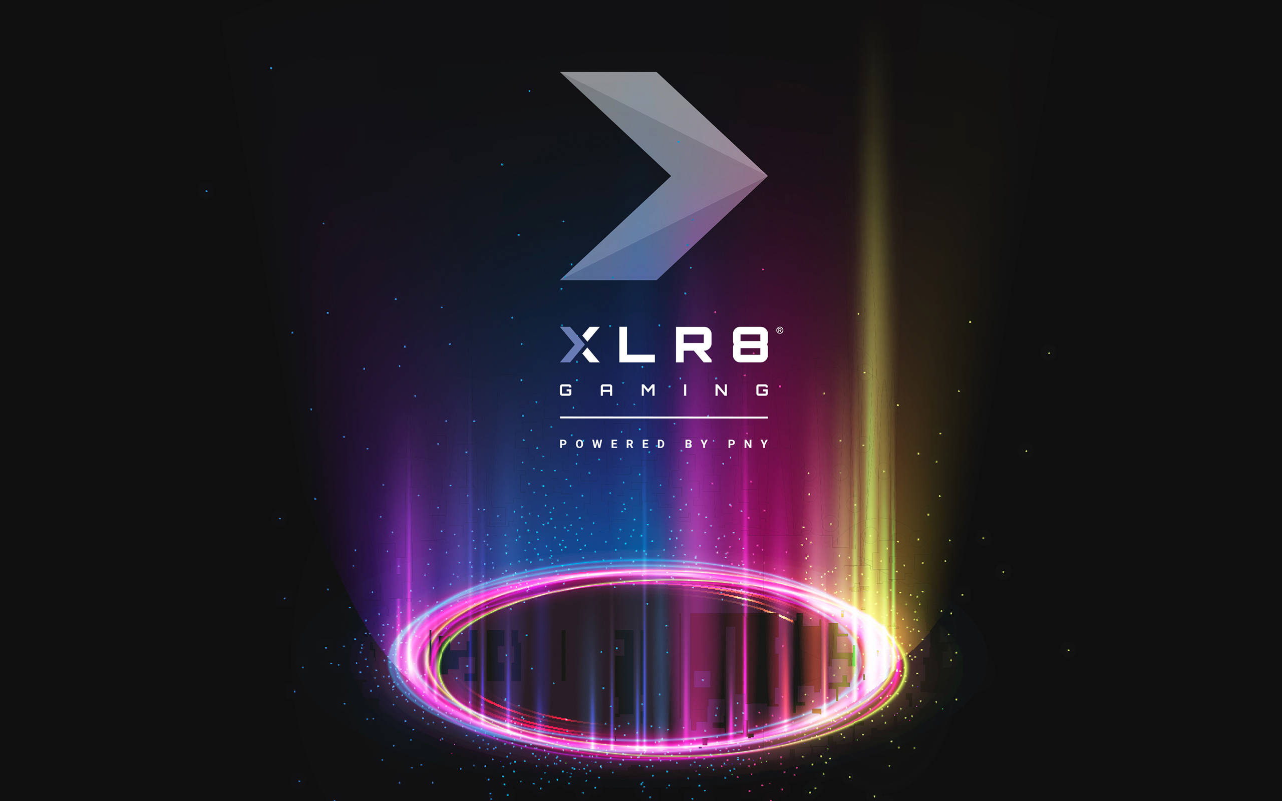 neon ring, geometric arrow logo, vibrant purple pink and yellow light, 2K Desktop Wallpaper
