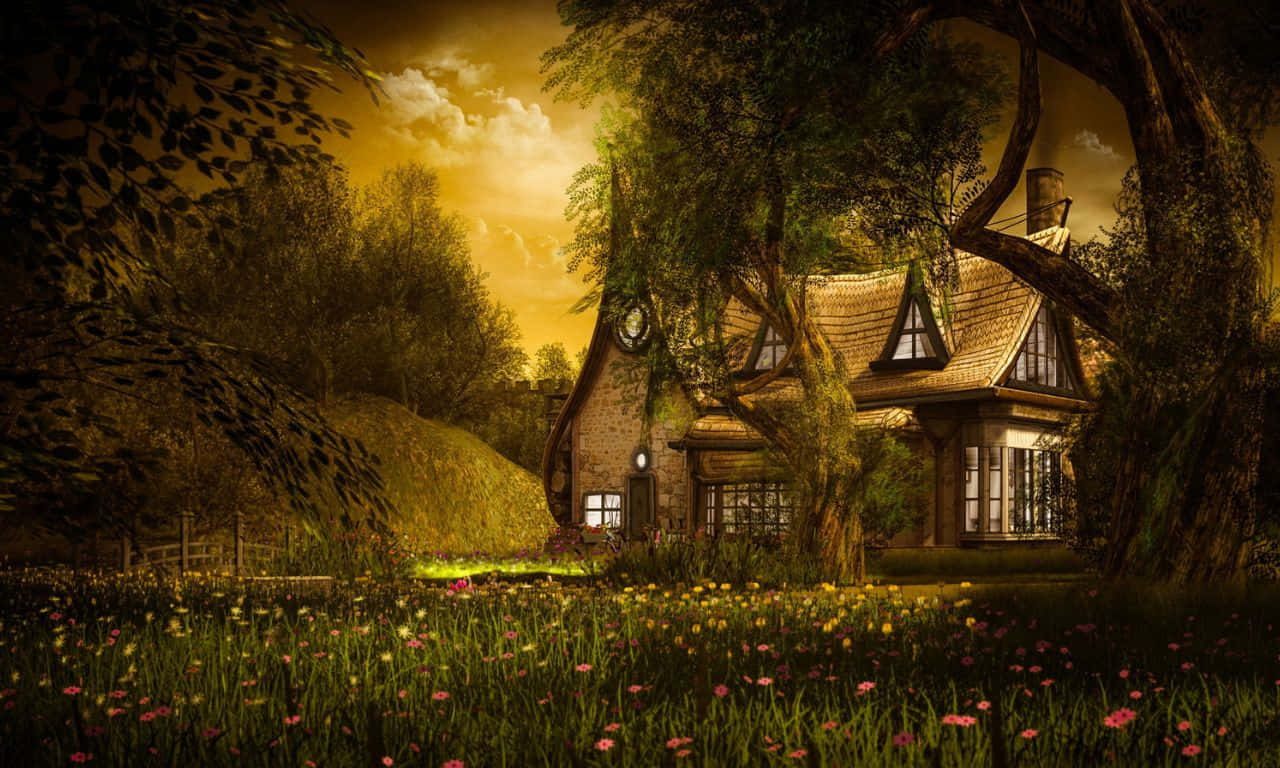 stone cottage, giant trees, glowing windows, HD Desktop Wallpaper